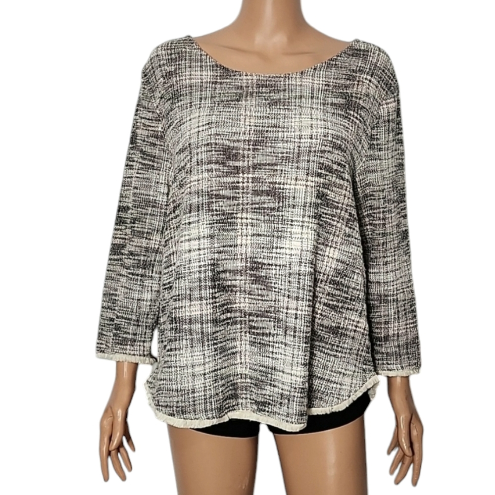 W5 Blouse Small Womens Black/Cream Long Sleeve Crew Neck Back Zipper‎ Top Size L